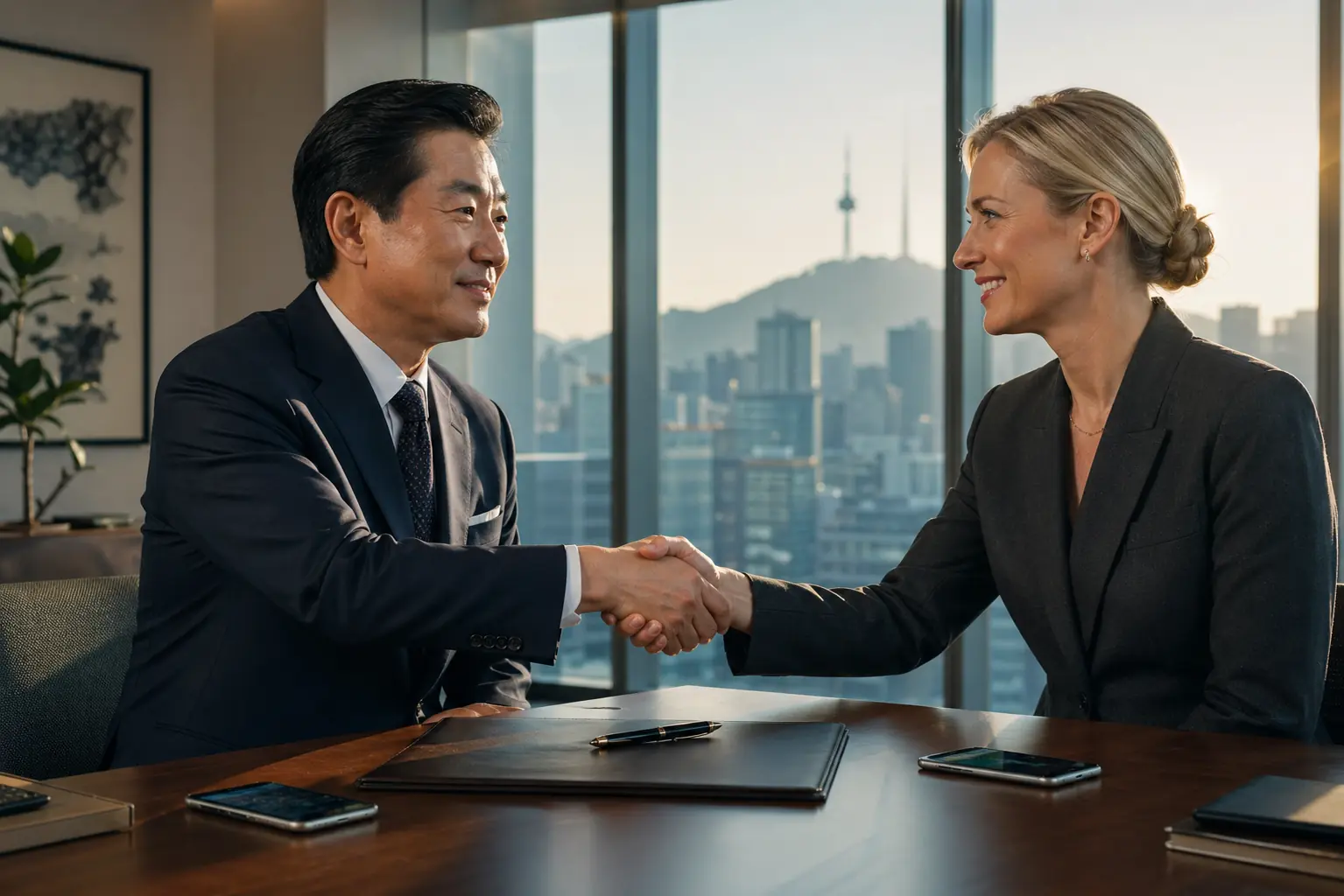 KBank CEO Choi Woo-hyung and Ripple Asia-Pacific director Fiona Murray shake hands at Seoul cross-border crypto…