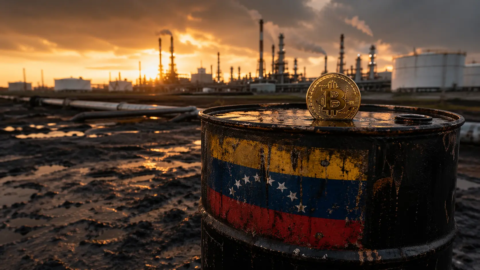 champs pétroliers du Venezuela avec symbole Bitcoin représentant la stratégie de réserve souveraine BTC