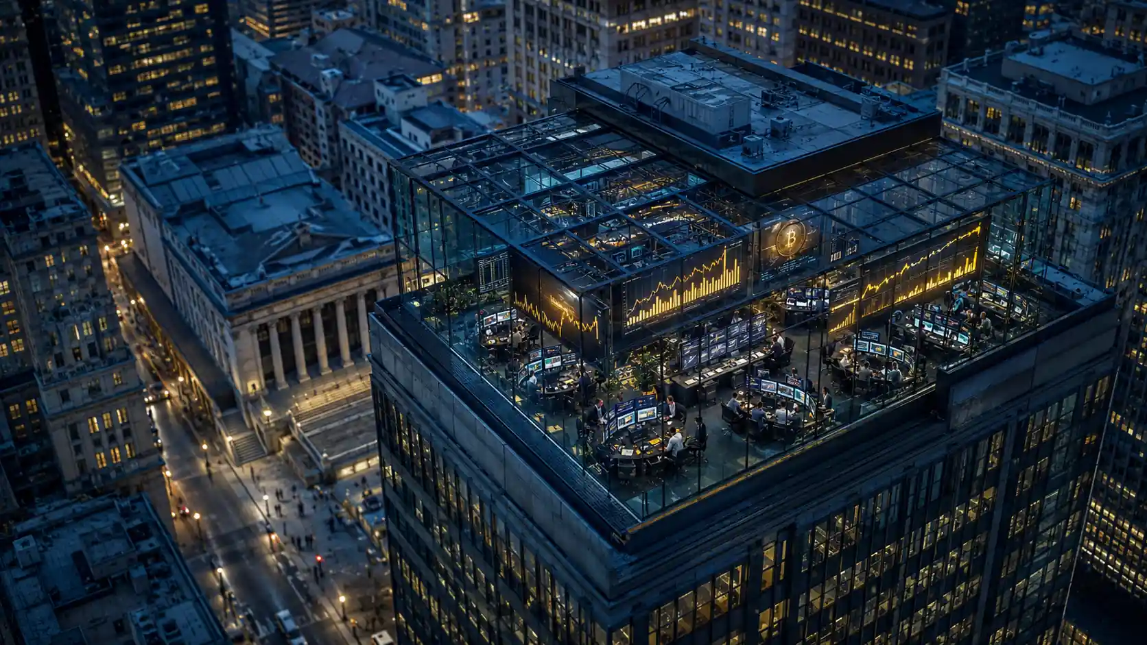 Finanzviertel in der Abenddämmerung aus der Vogelperspektive