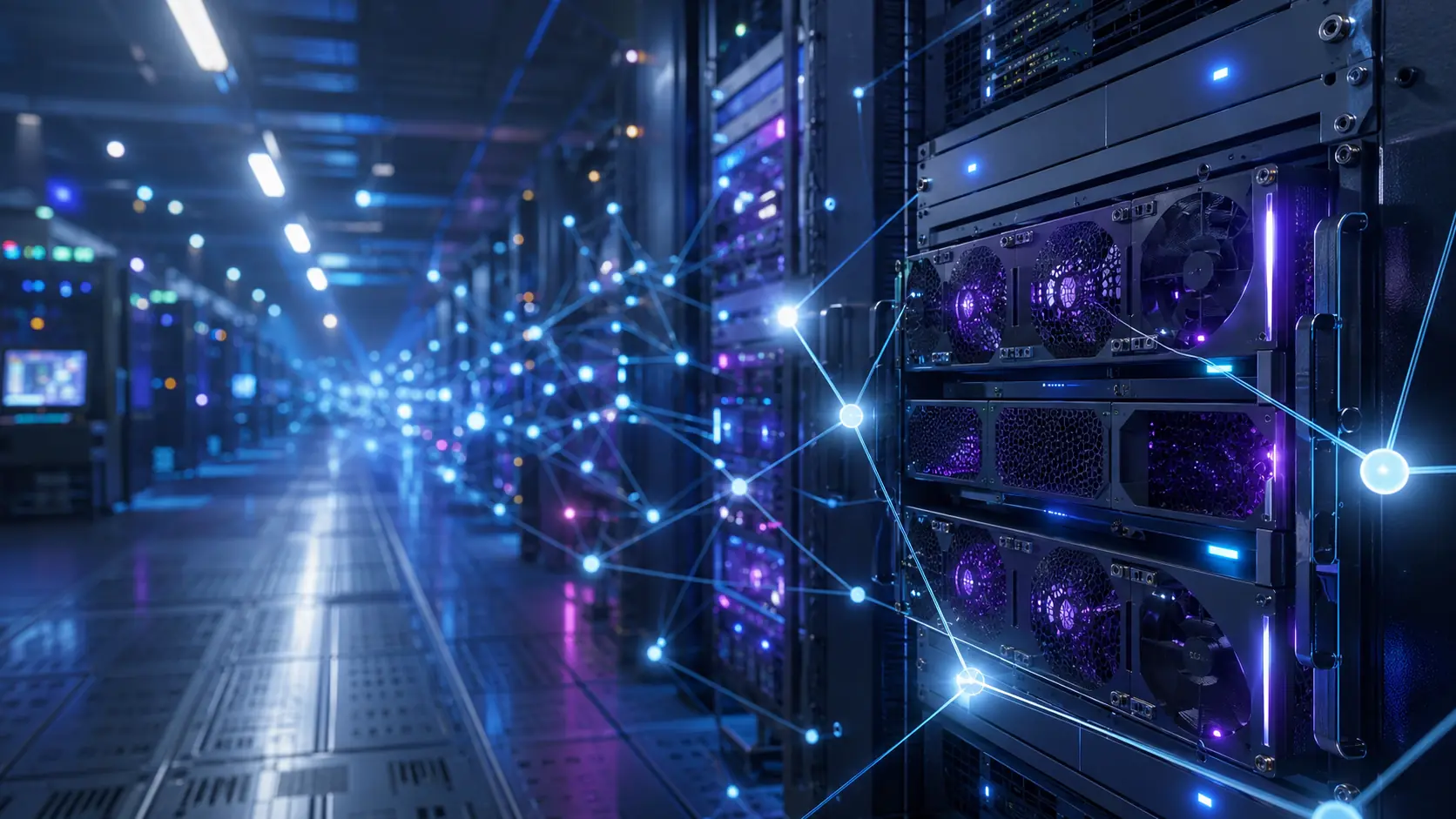 Futuristic server room with glowing network lines