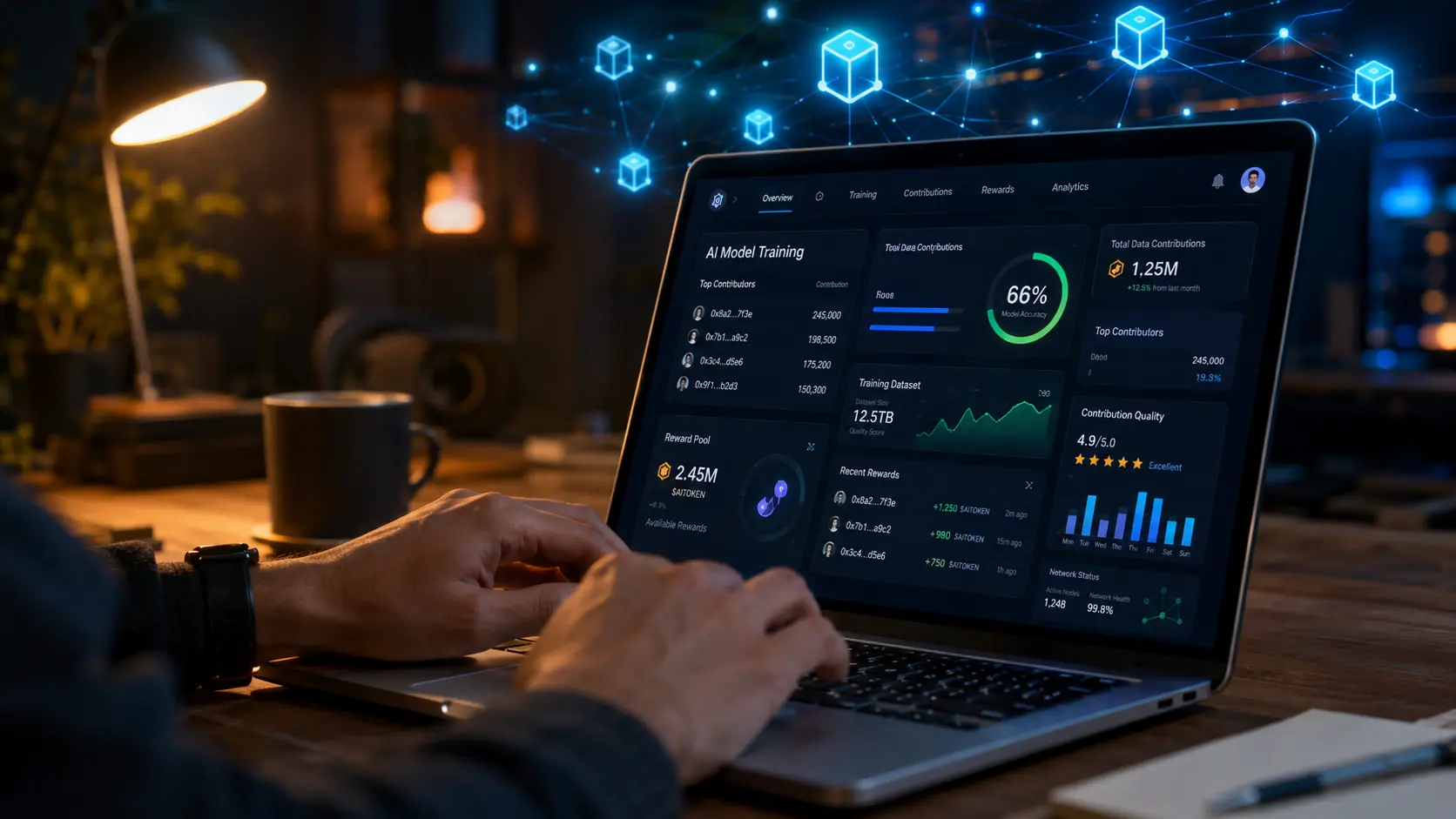 Futuristic workspace with AI dashboard