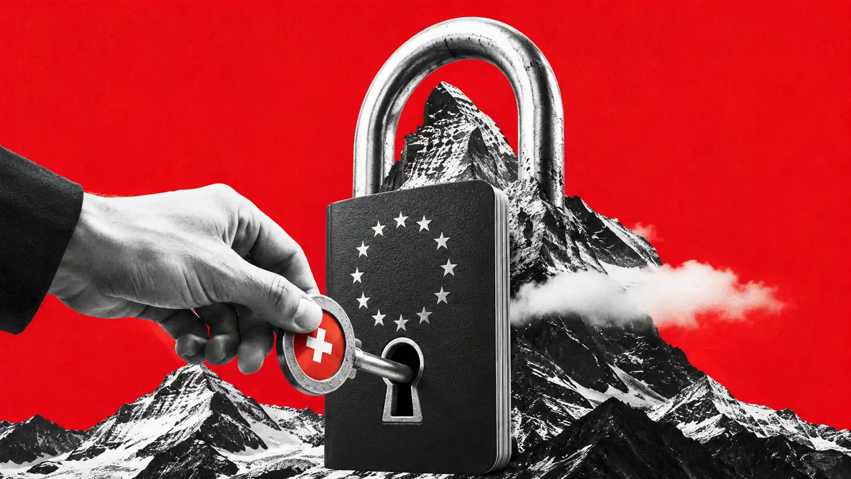 Sculpted padlock merged with European passport and alpine mountain on electric blue background, MiCAR license…