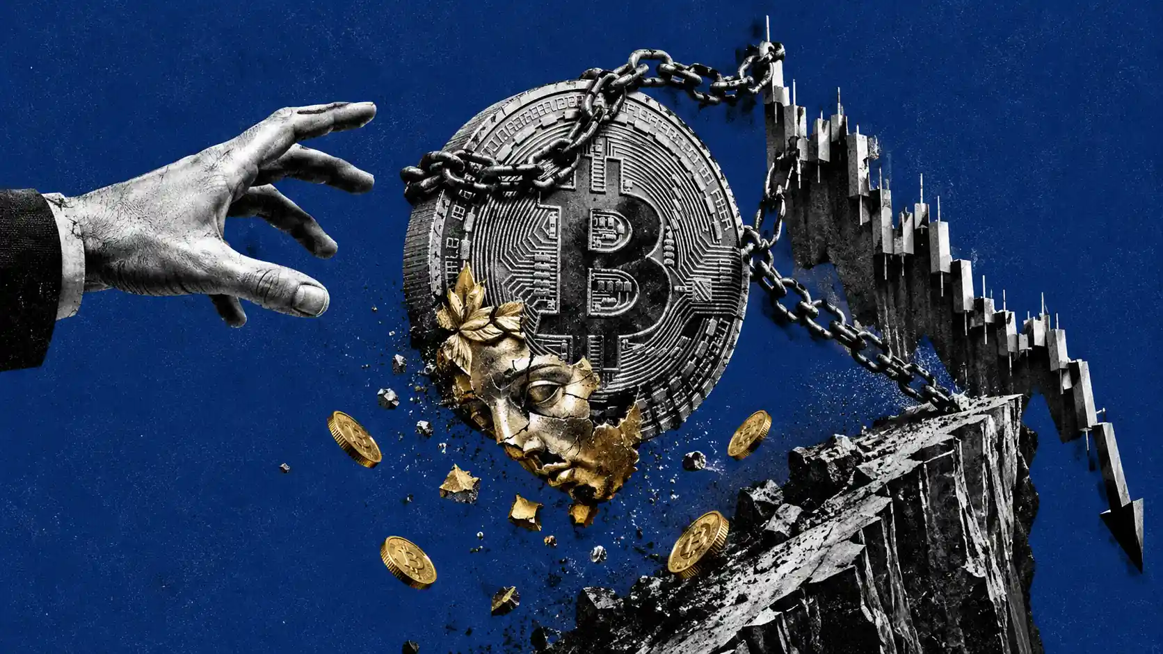 Bitcoin coin chained to a falling candlestick chart as a golden mask slips away, slate-blue background