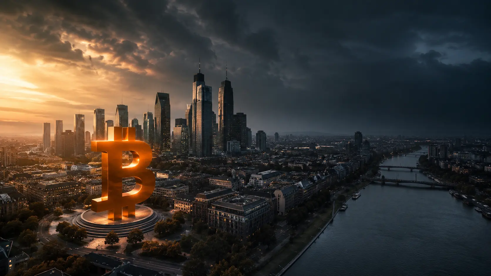 Bitcoin above a city skyline at sunset