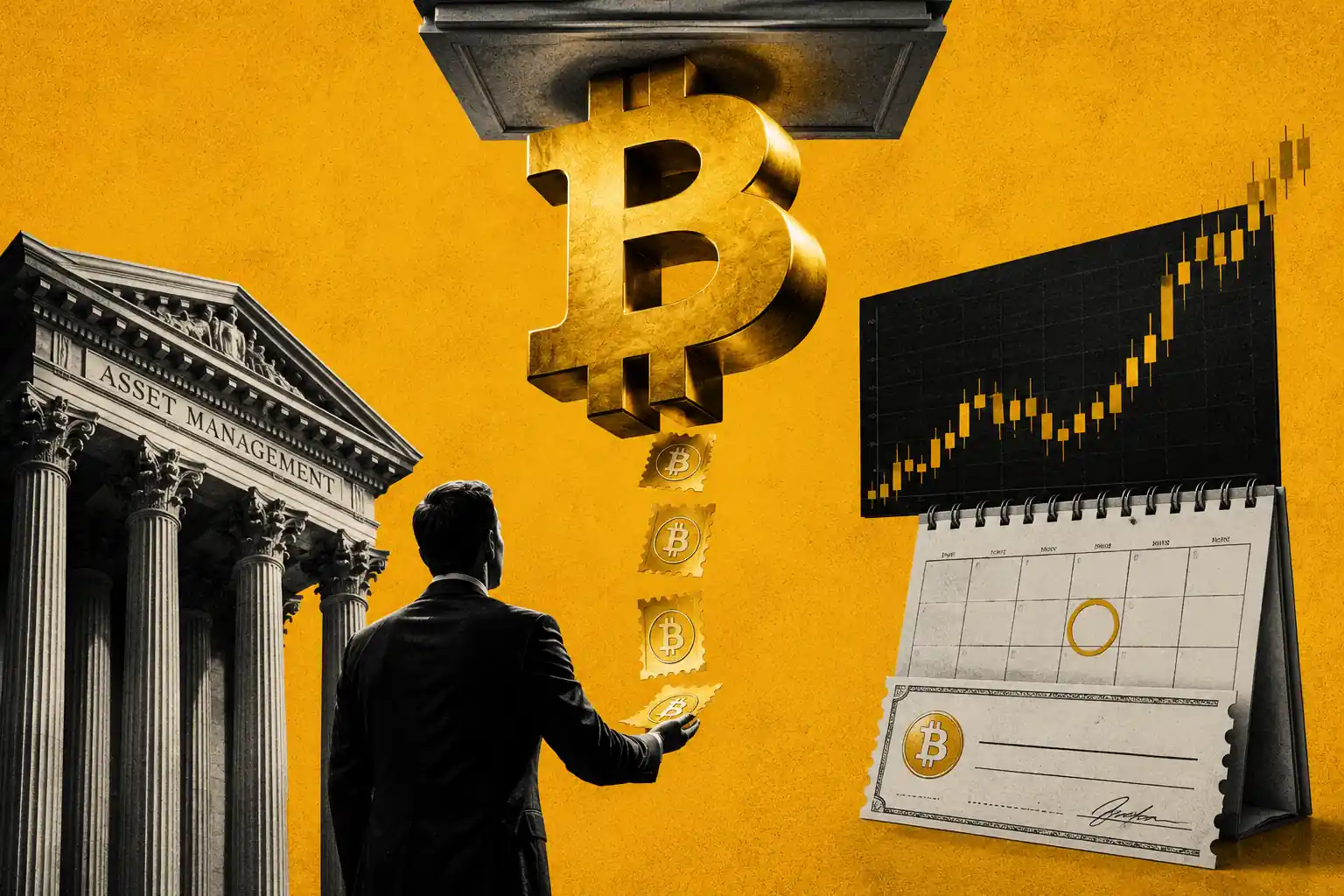Símbolo dorado de Bitcoin del que emergen monedas como cupones mensuales bajo un techo que limita su subida, estilo…