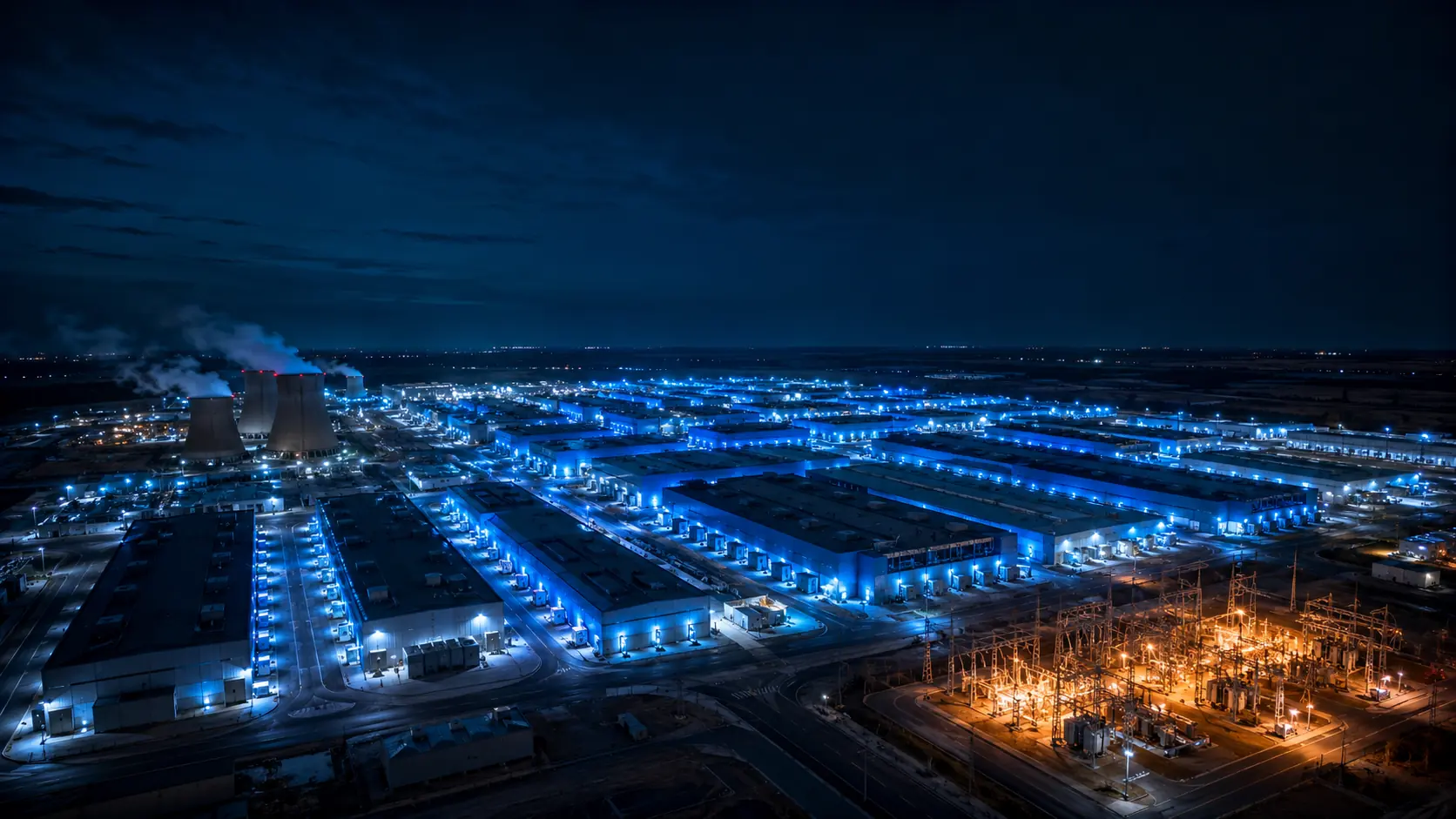 Complesso industriale illuminato di notte