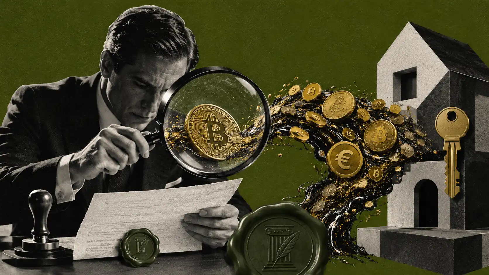 Stilisiertes goldenes Haus mit Bitcoin-Münzen, Notarsiegel und Euro-Symbol auf olivgrünem Hintergrund