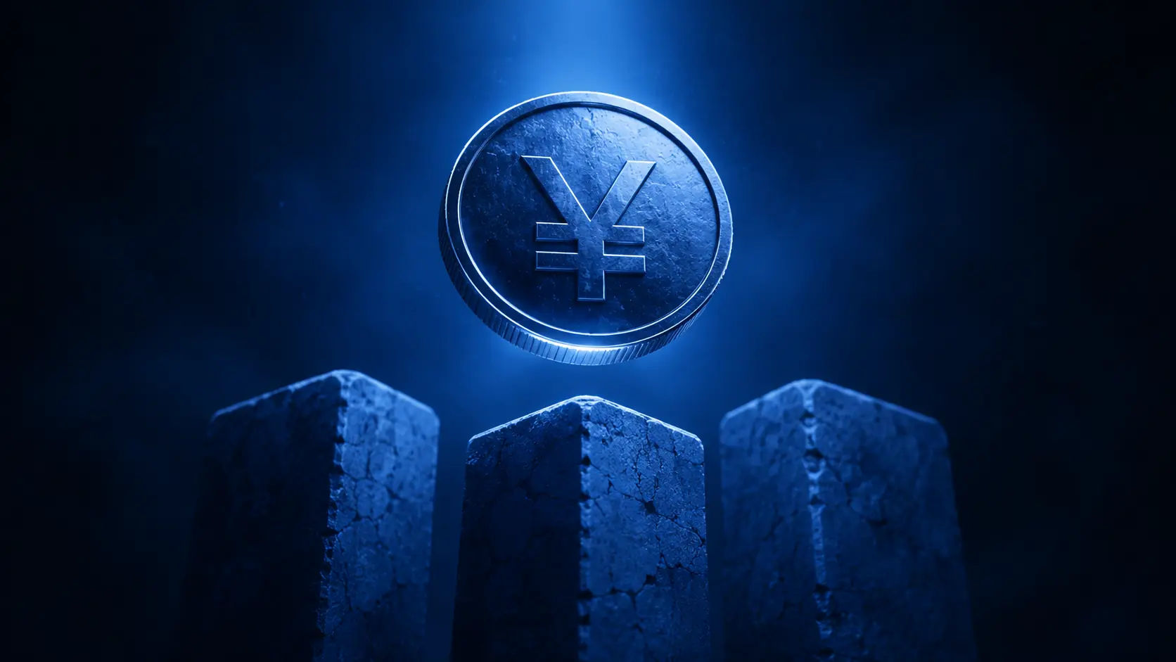 Tres pilares bancarios monumentales sosteniendo una moneda digital con el símbolo del yen, render en duotono azul