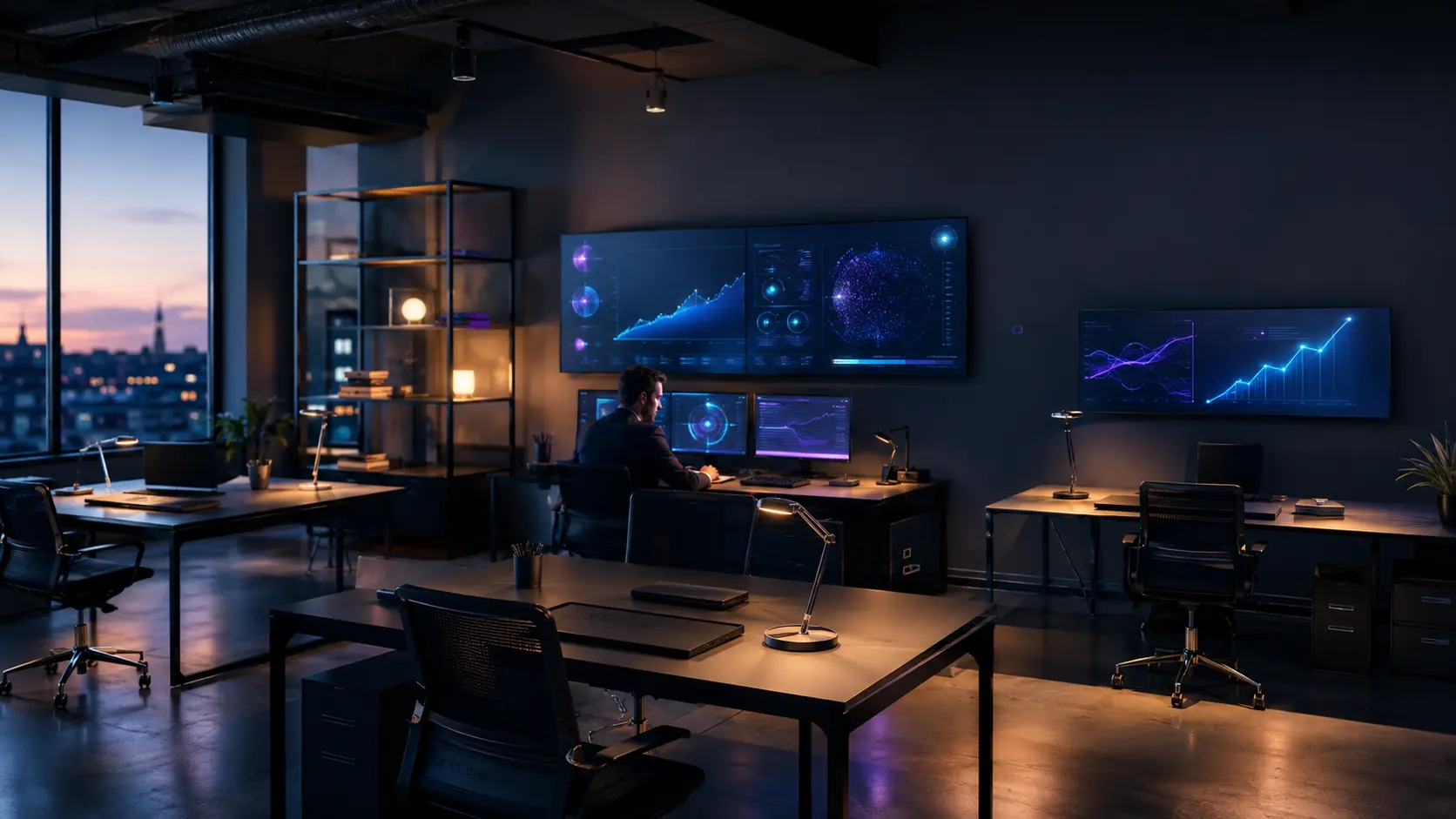 Modern office at sunset with AI technology