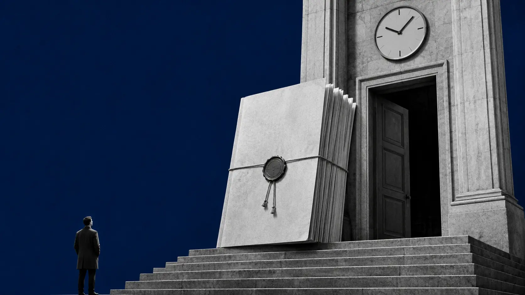 Legislative document climbing steps toward an institutional threshold with a clock marking the approaching August…