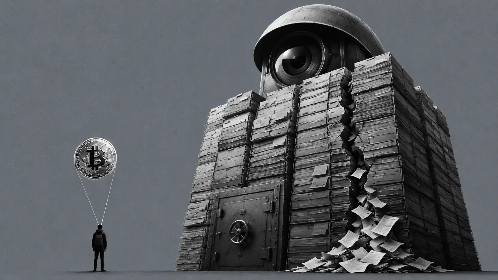 Monumental identity dossier archive tower watched by a giant lens, wires connecting anonymous figures to bitcoin…