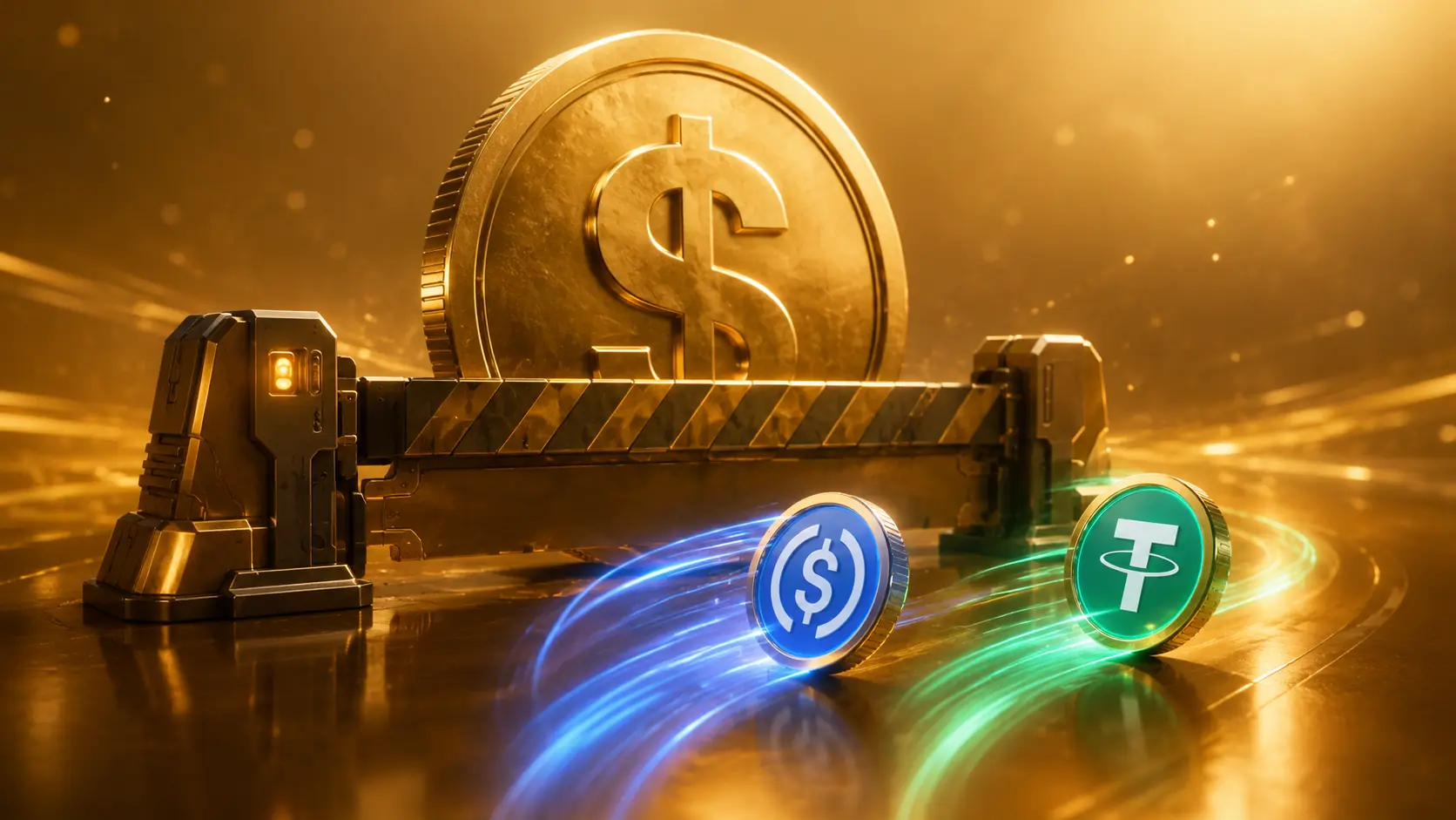 Gold dollar coin blocked by a barrier while USDC and USDT stablecoin coins flow freely, illustrating the US CBDC ban