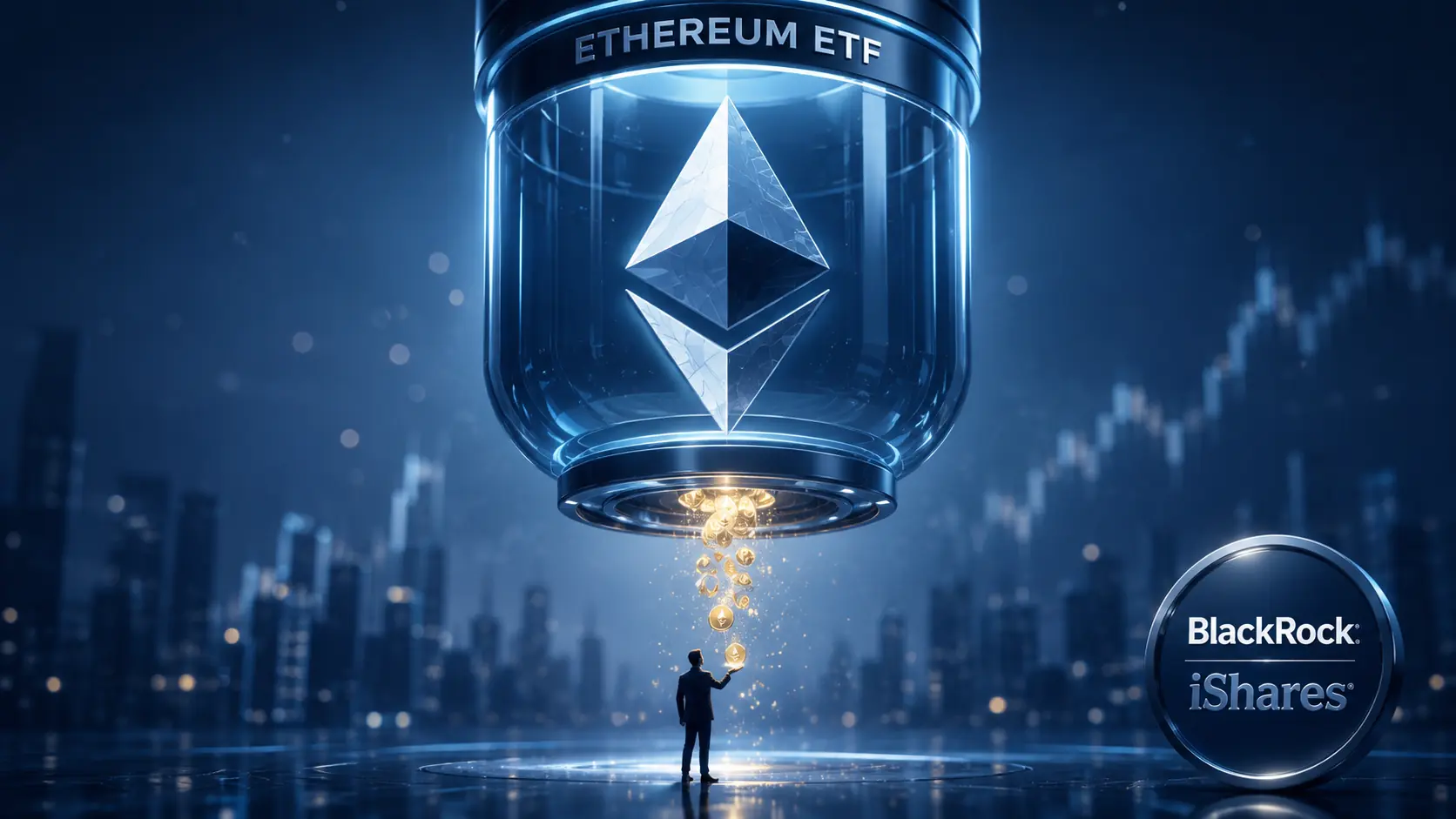 3D glossy Ethereum octahedron inside a translucent ETF capsule with small glowing coins flowing out as staking yield