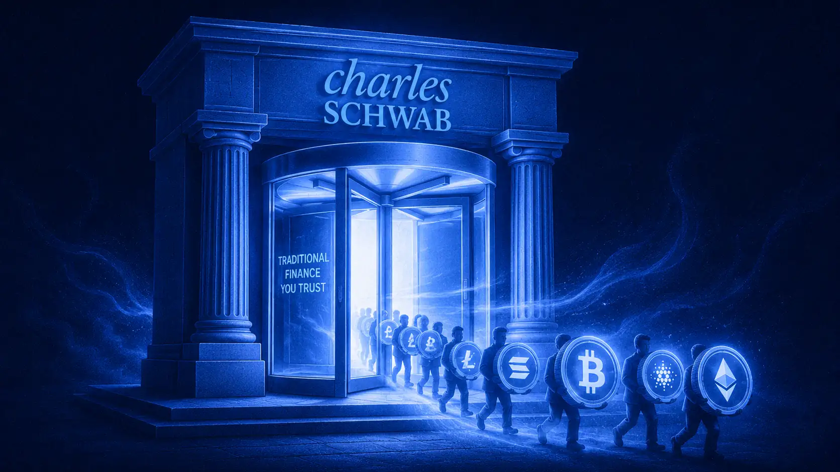 Puerta giratoria de banco 3D con monedas crypto luminosas, representación del acceso institucional a bitcoin y ether