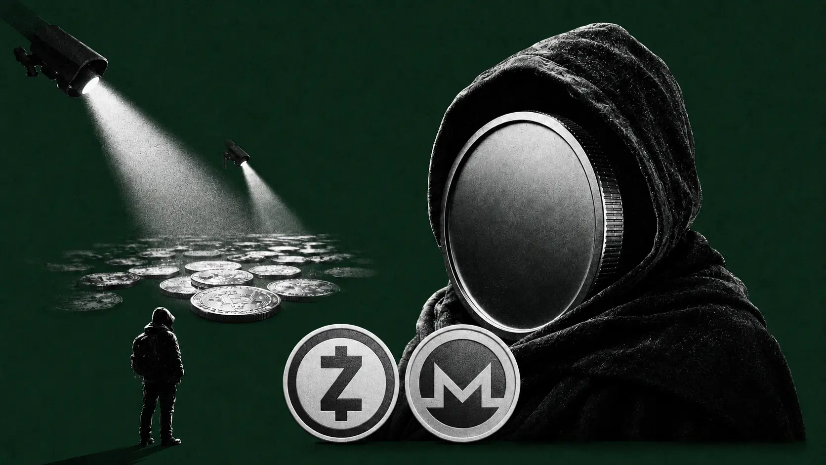 A dark-cloaked coin in shadow as surveillance spotlights highlight exposed crypto assets, illustrating privacy coin…