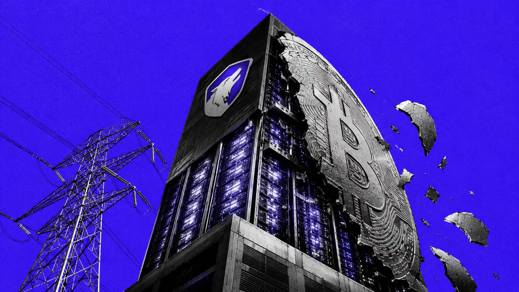 Colossal data center tower with glowing server racks and a Bitcoin facade revealing AI infrastructure inside