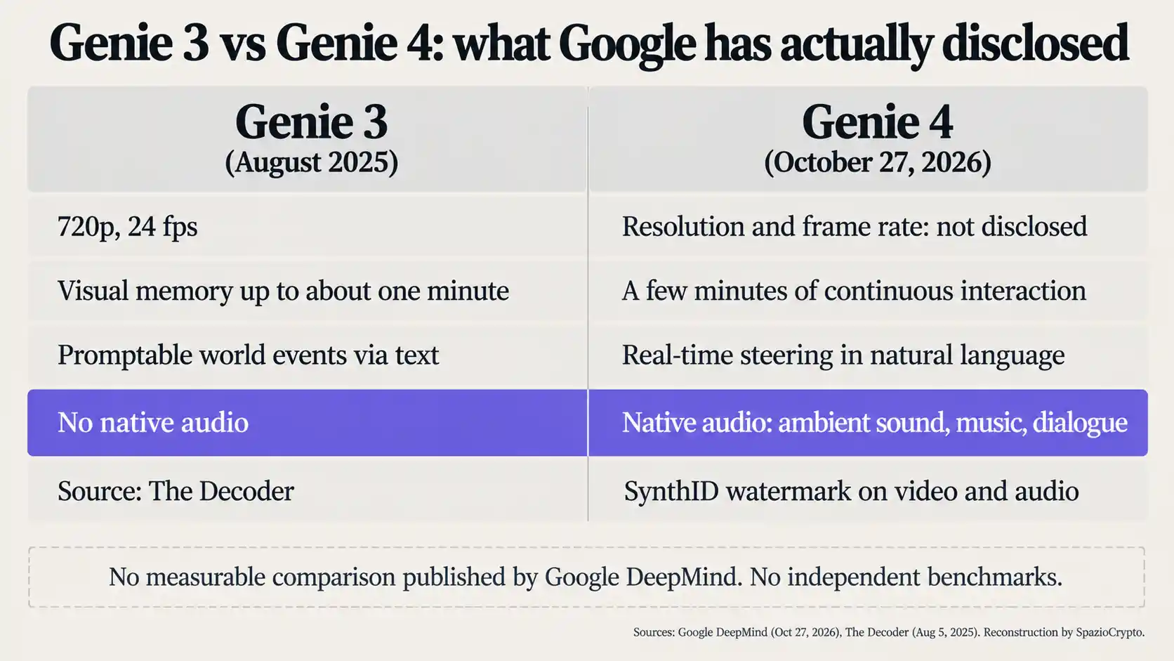 Confronto tra Genie 3 e Genie 4 sulle caratteristiche dichiarate, con l'audio nativo come unica novità misurabile