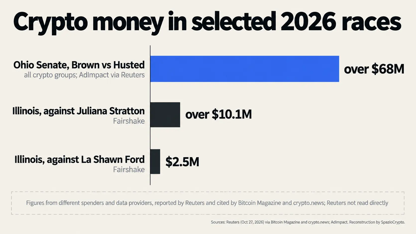 Gasto de grupos crypto en tres contiendas electorales de EE.UU. en 2026: Ohio más de 68 millones, Illinois más de 10,1 y 2,5 millones