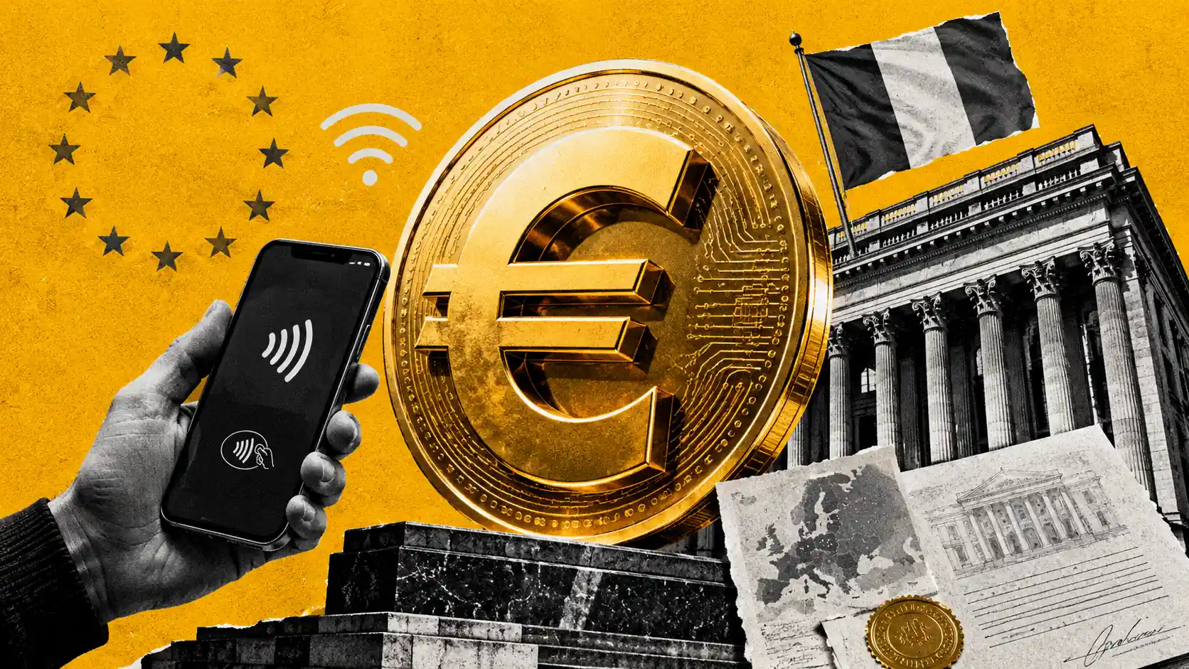 Simbolo dell'euro come moneta digitale luminosa tra stelle UE, facciata istituzionale e bandiera italiana, con pagamento da smartphone.