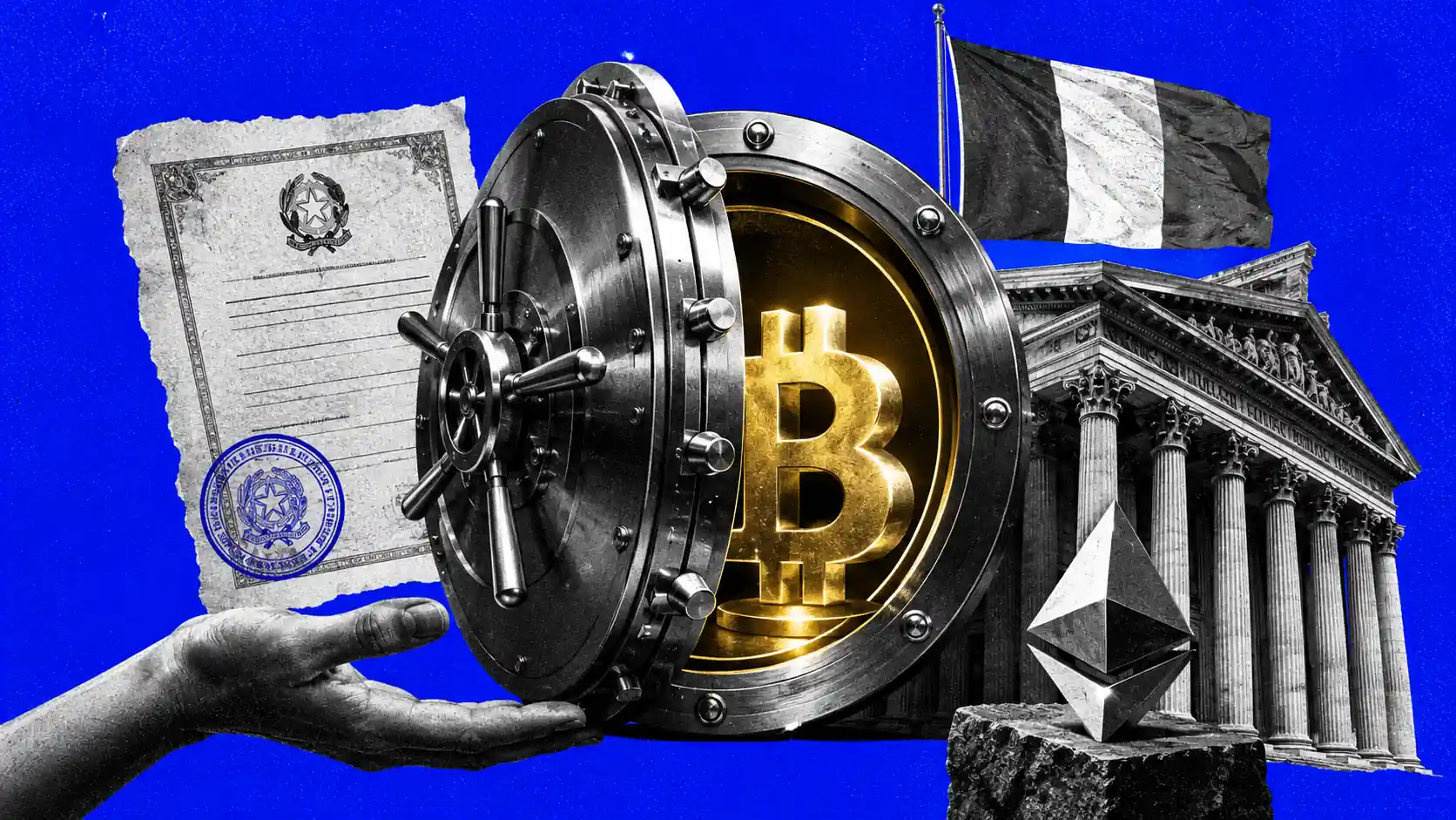 Caveau digitale di una banca italiana che custodisce un simbolo Bitcoin luminoso, tra colonne istituzionali e bandiera italiana, in stile collage editoriale blu.