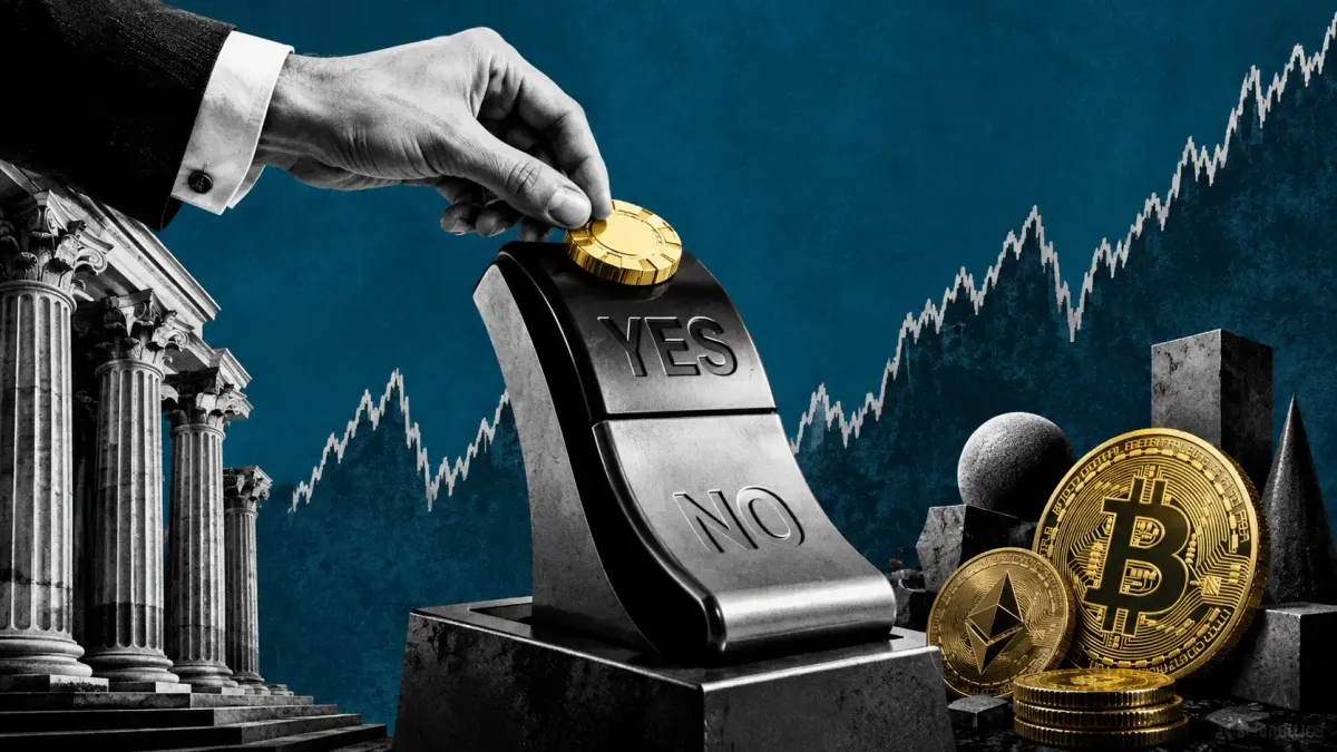 Mano istituzionale che posa una fiche su un interruttore binario sì o no sopra una linea dell'indice azionario, tra colonne classiche e monete crypto, su campo blu petrolio