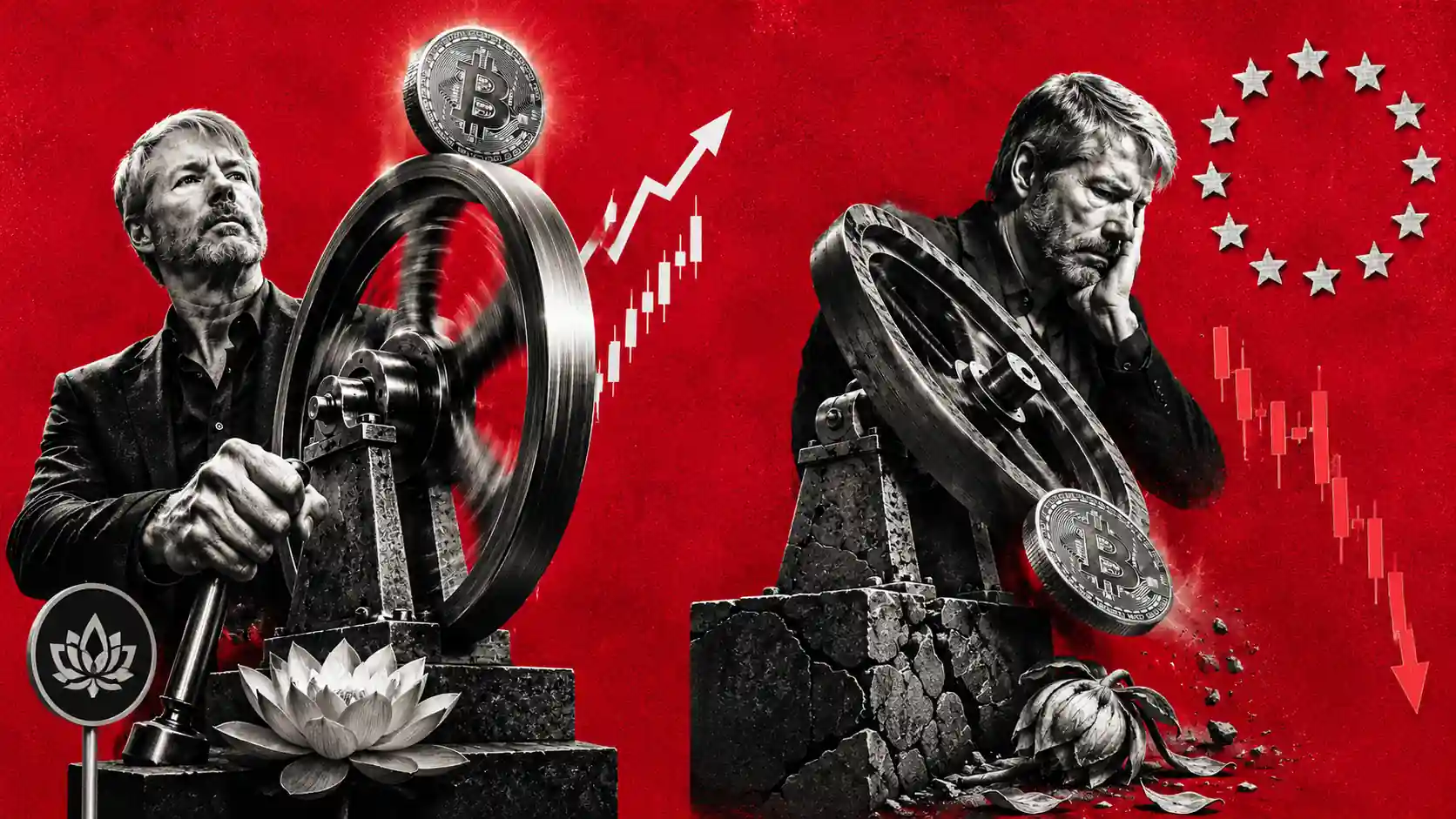 Volano meccanico monumentale inceppato con una moneta bitcoin che scivola via verso il basso da un piedistallo incrinato, crisi del modello treasury di Strategy