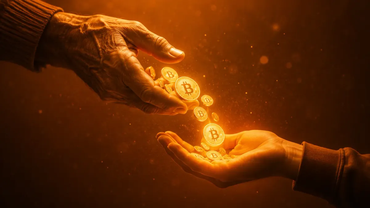 Una mano che passa una moneta a un'altra, la grande rotazione di Bitcoin a meno 50% dal massimo