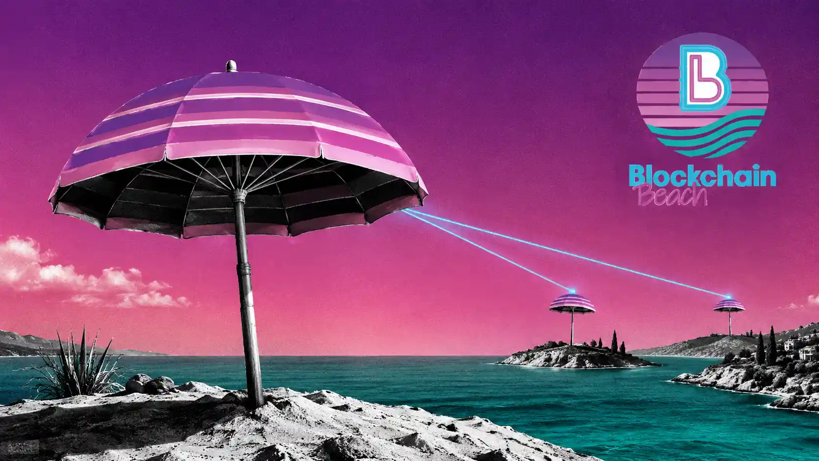 Ombrellone da spiaggia con un sigillo europeo a stelle piantato nella sabbia, collegato da linee luminose a due coste lontane.