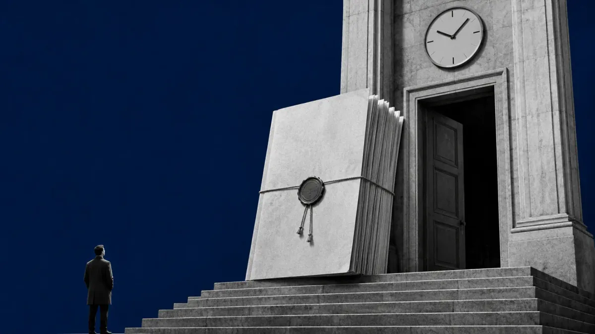 Grande documento legislativo che sale una scalinata verso una soglia istituzionale, con un orologio incombente che segna il tempo che stringe.