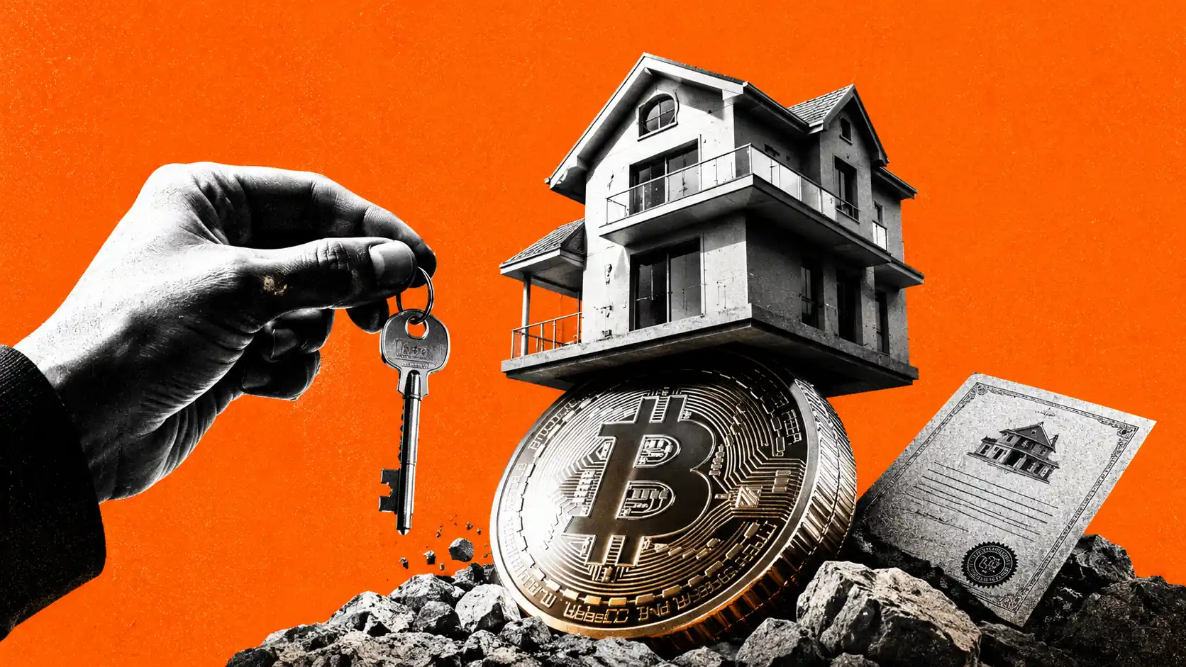 Casa che poggia su una grande moneta crypto lucida usata come fondamenta, con una chiave, comprare casa mettendo i bitcoin in garanzia negli Stati Uniti