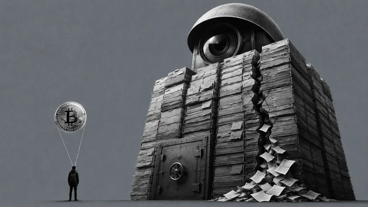 Torre-archivio monumentale di dossier di identità sorvegliata da una grande lente, con fili che collegano figure anonime a monete bitcoin e una crepa che lascia trapelare documenti.