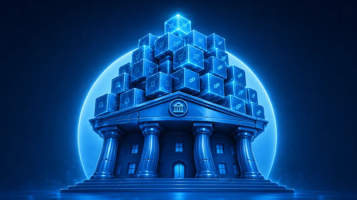 Grande sala macchine 3D lucida sotto un palazzo classico di Wall Street, con enormi tubature dorate che si trasformano in flussi di dati blockchain luminosi
