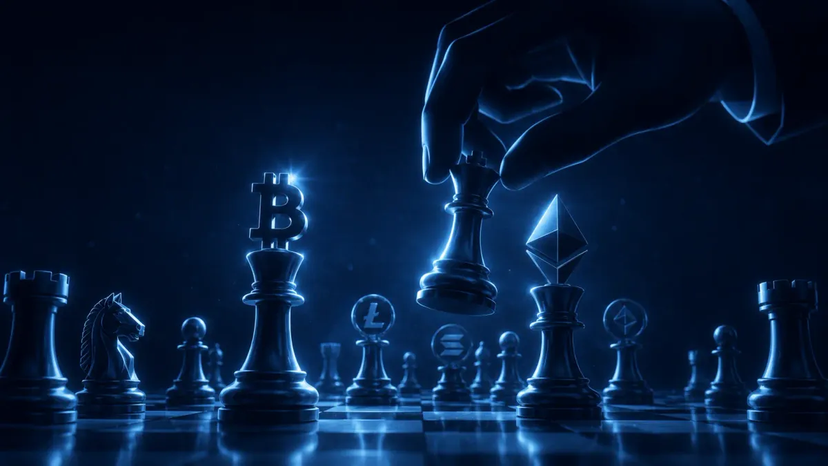 Monumentale scacchiera 3D lucida con pezzi a forma di simboli crypto, un simbolo Bitcoin come re e un diamante Ethereum.