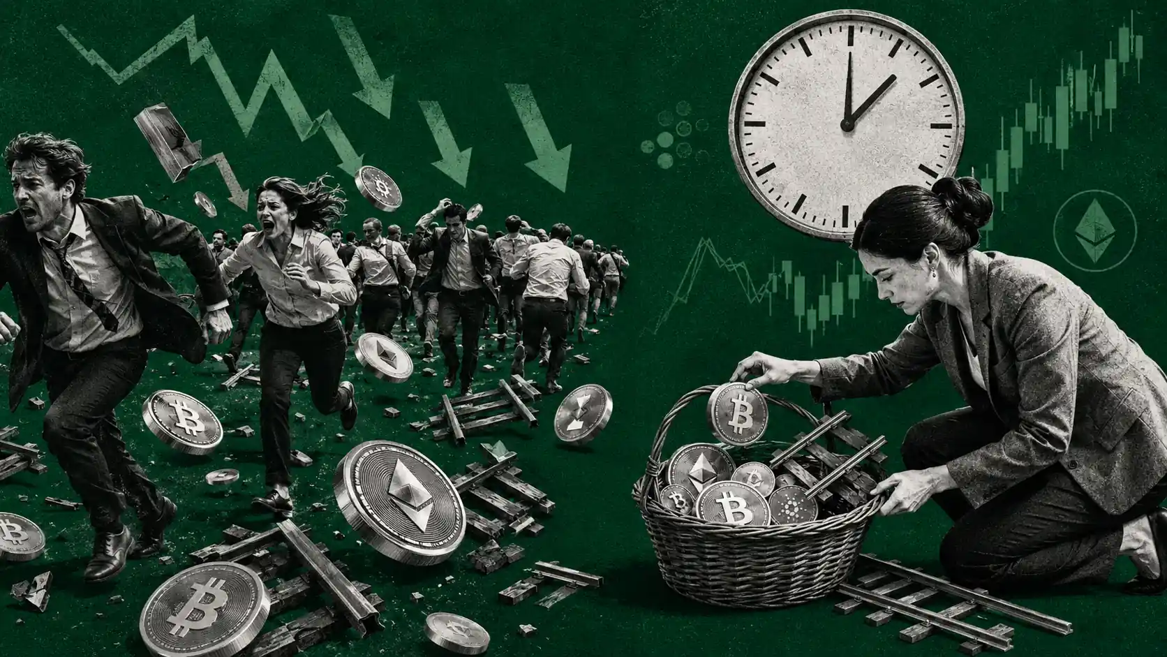 Figura solitaria che raccoglie monete lucide controcorrente rispetto a una folla in fuga, sotto un grande orologio che segna una scadenza.