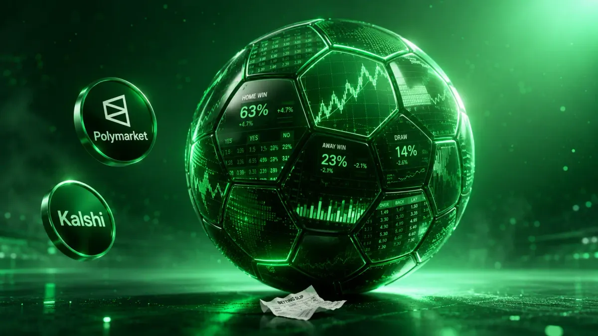 Monumentale pallone da calcio 3D lucido composto da dati di mercato luminosi e grafici di probabilità che incombe su una piccola schedina di scommessa cartacea accartocciata.
