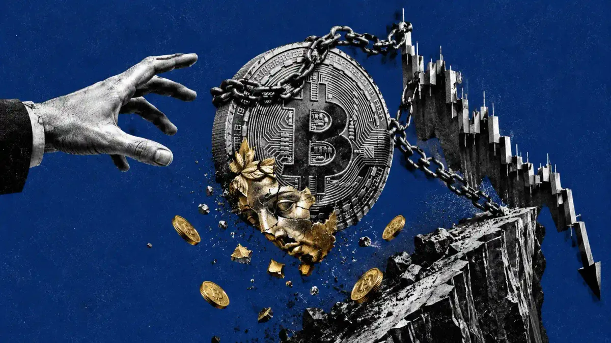 Grande moneta Bitcoin incatenata a un grafico a candele che precipita, entrambi in caduta, mentre una maschera dorata da oro digitale le scivola via dal volto, su campo blu ardesia