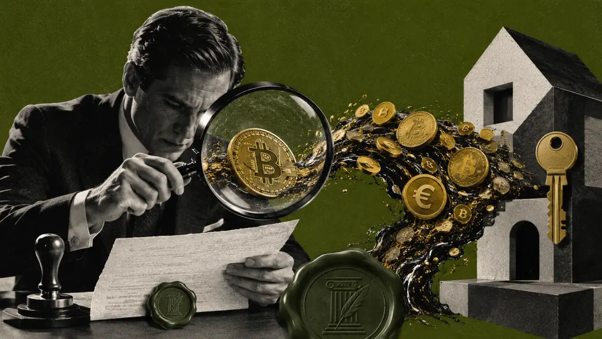 Casa stilizzata dorata con chiave, raggiunta da monete Bitcoin che passano attraverso un sigillo notarile e una lente di verifica con simbolo dell'euro, su campo verde oliva