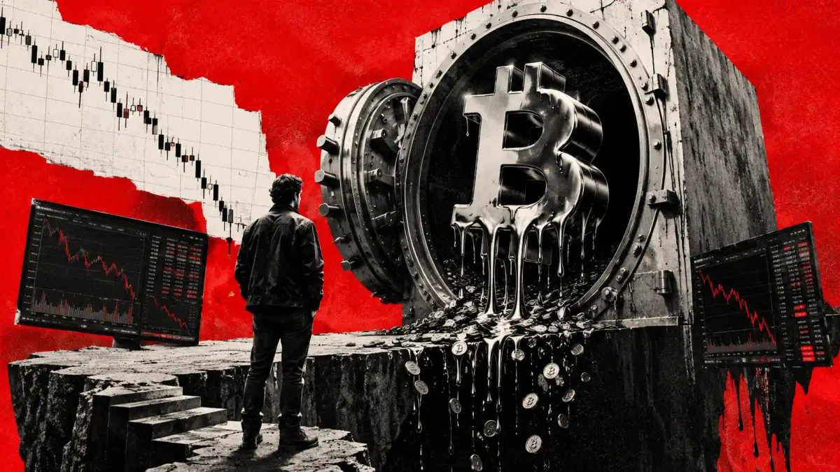 Simbolo Bitcoin che si svuota mentre il capitale defluisce da un caveau ETF, mercato in rosso giugno 2026