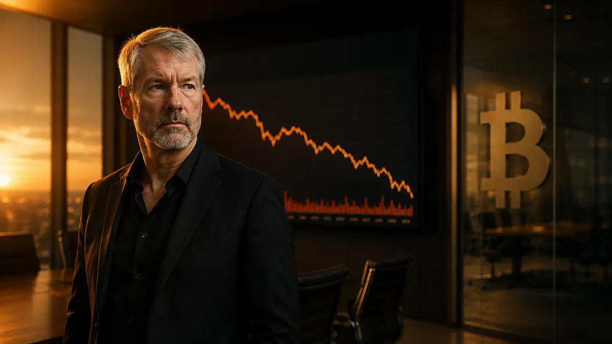 Michael Saylor davanti a un grafico di Bitcoin in calo con il logo Strategy