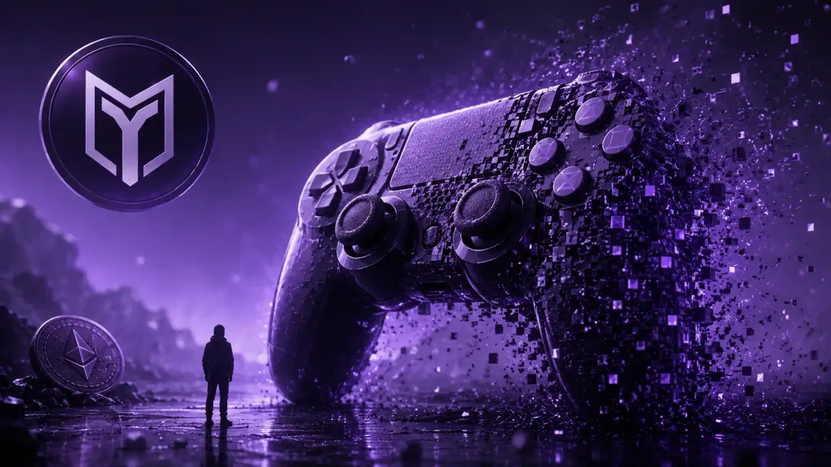 Controller da videogioco 3D lucido che si sgretola in pixel dispersi, con una moneta crypto spenta accanto, su fondo viola polveroso