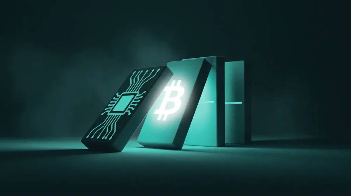 Rappresentazione a due tinte di un ottovolante che sale a picco e poi precipita, con un vagone a forma di moneta Bitcoin sullo stesso binario.