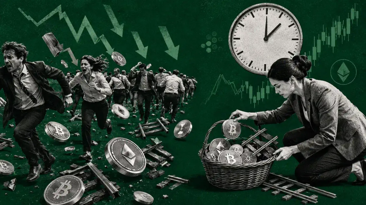 Figura solitaria che raccoglie monete lucide controcorrente rispetto a una folla in fuga, sotto un grande orologio che segna una scadenza.