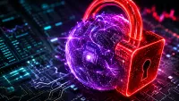 Nucleo di intelligenza artificiale luminoso che si spegne dietro un lucchetto rosso in un ambiente istituzionale scuro