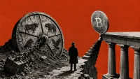 Una moneta Bitcoin a un bivio su un sentiero in discesa: un ramo precipita in un baratro, l'altro si appoggia su un solido plateau retto da pesanti pilastri.