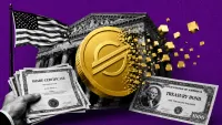 Facciata neoclassica di una borsa che si dissolve in tessere tokenizzate dorate su campo blu, infrastruttura di rete sullo sfondo