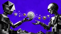 Due agenti robotici geometrici si scambiano una moneta stablecoin luminosa lungo un binario digitale fatto di nodi di rete, senza esseri umani, su campo ultravioletto