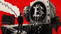 Simbolo Bitcoin che si svuota mentre il capitale defluisce da un caveau ETF, mercato in rosso giugno 2026