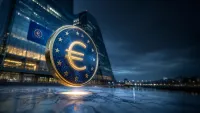 Simbolo euro digitale luminoso davanti alla sede BCE, toni blu istituzionale e oro