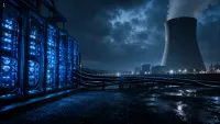 Enorme data center illuminato di notte accanto a una centrale elettrica
