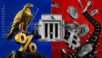 Falco dorato scolpito proietta un'ombra su monete crypto in bianco e nero, facciata della Federal Reserve e griglia del dot plot sullo sfondo